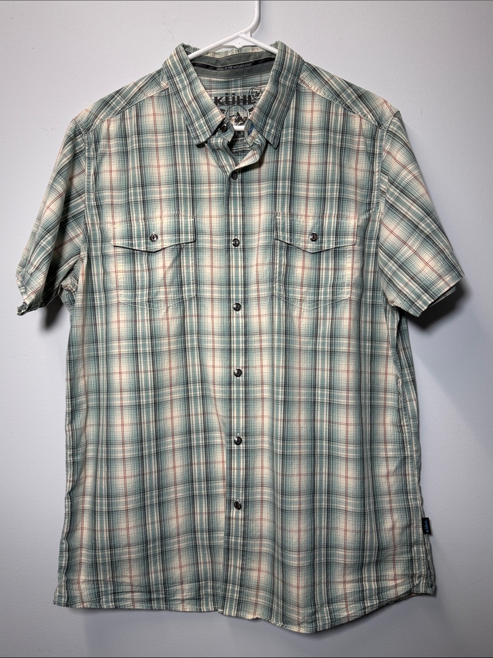 Kuhl Men's Short Sleeve Green Blue Plaid Button Up Shirt Outdoor Hiking Large